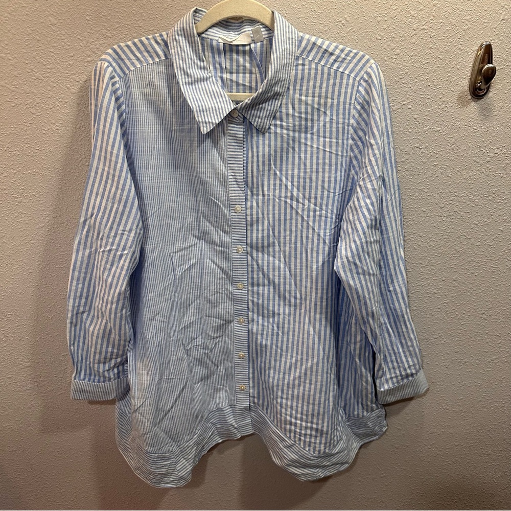 Rafaella Cotton Button Down Mixed Stripe Top XL Blue White